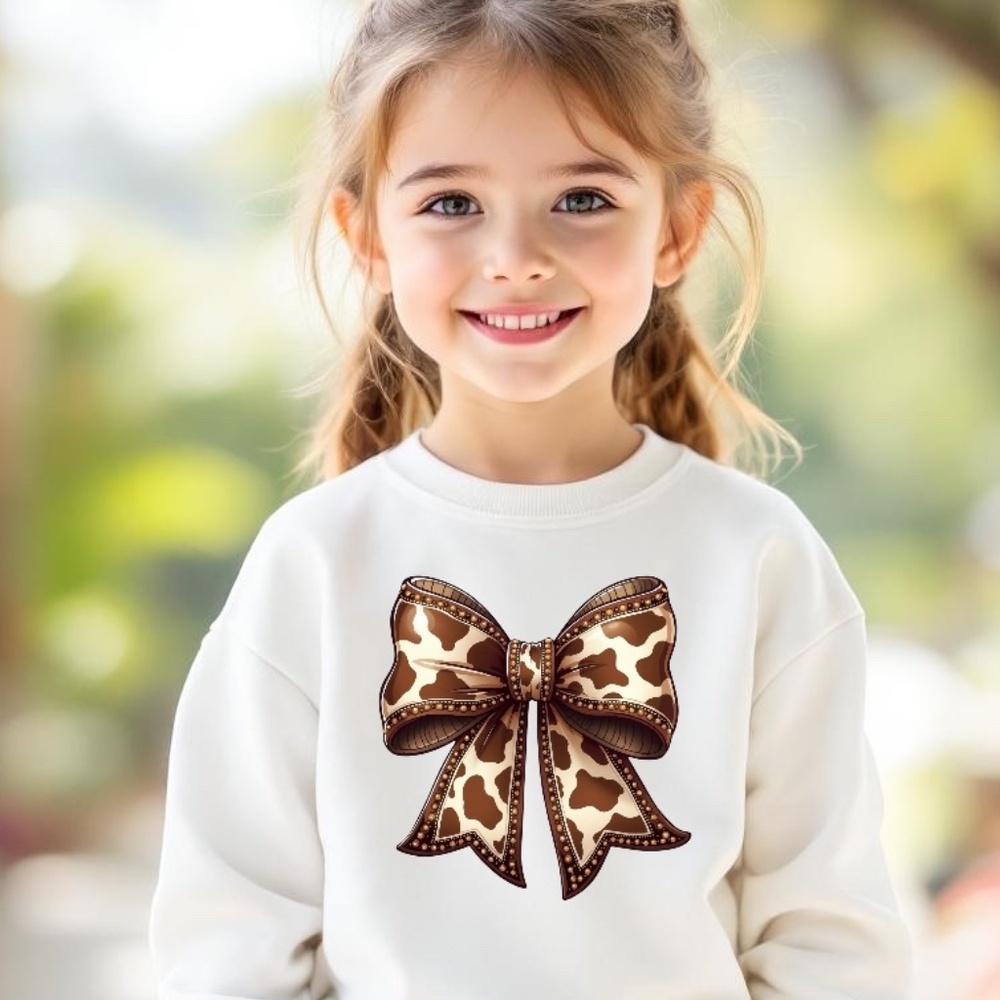 Brown Cow Print "Cow-Bow T-shirt long sleeve Blue 2T- 5T Custom made Girl White